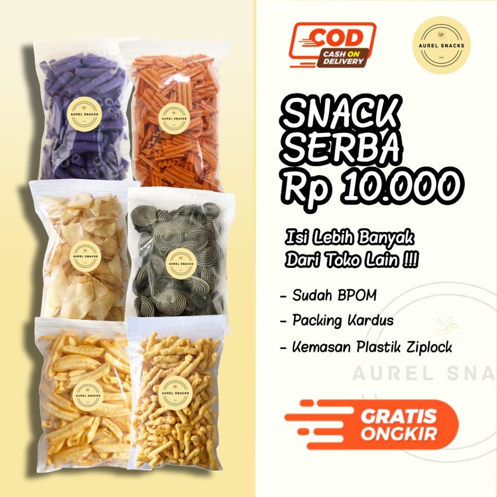 

[ AUREL SNACKS ] Snack Serba 10.000 / Cemilan Makanan Ringan 10 ribu / Snack Jadul / Snack Grosir Kiloan Banyak Pilihan Rasa