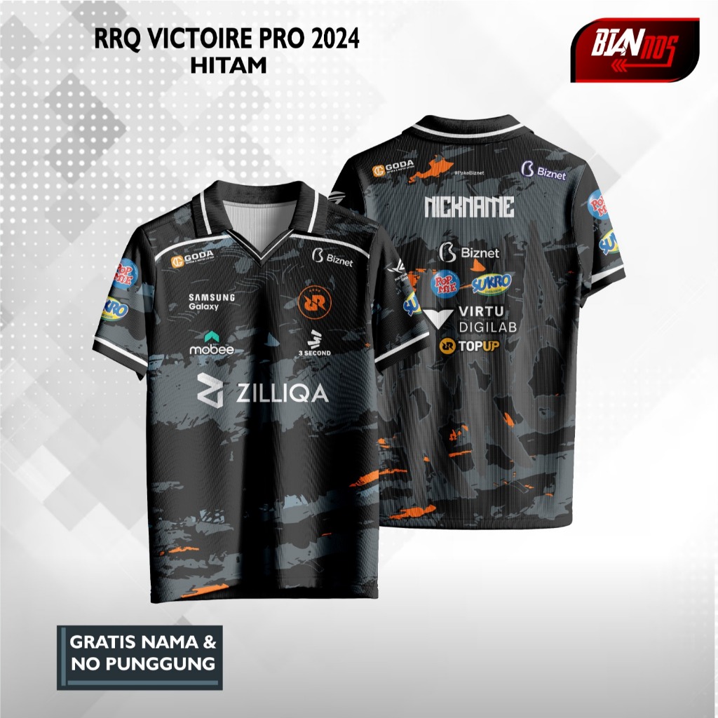 JERSEY GAME RRQ VICTOIRE PRO HITAM 2024 FULL PRINTING (GRATIS CUSTOM NAMA & NOMOR PUNGGUNG)