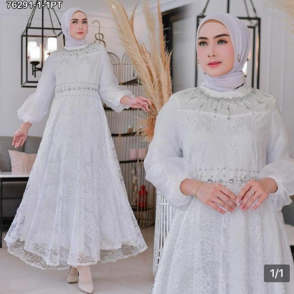 Gamis Brokat Putih Kombinasi Organza Mutiara 76291