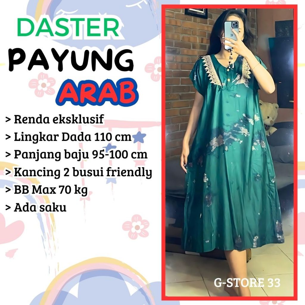 Daster Payung Arab/Daster Rayon/Daster Payung kekinian/Daster Remaja/Daster Renda Bali LD 110 Busui