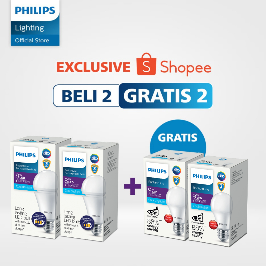 Philips Paket Beli 2 Lampu Radiantline emergency 8W 6500k Putih Gratis 2 Lampu LED Bulb 9W Putih