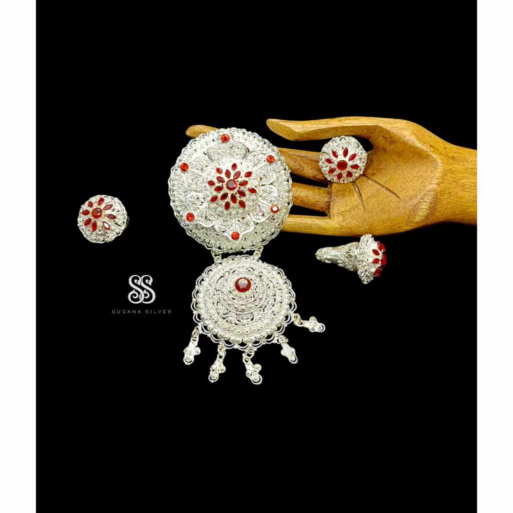 Set Perhiasan Bros Kebaya Swandewi Garnet Merah Alpaka Bali Aksesoris Fashion