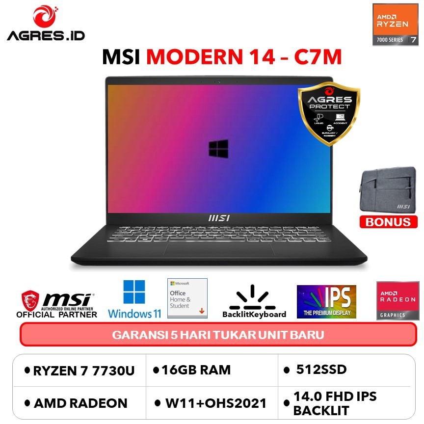 MSI MODERN 14 RYZEN 7 7730 16GB 512GB W11+OHS 14.0FHD IPS BLIT 2Y BLK -C7M.280