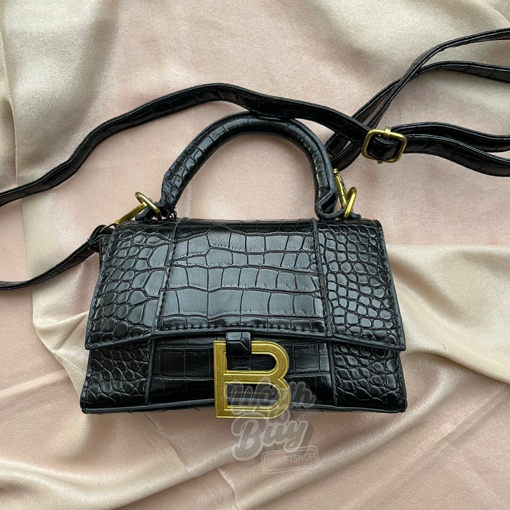 Bal**ciaga Black Croc Embossed Leather XS Hourglass Top Handle Bag - Sling Bag Tas Preloved Branded 