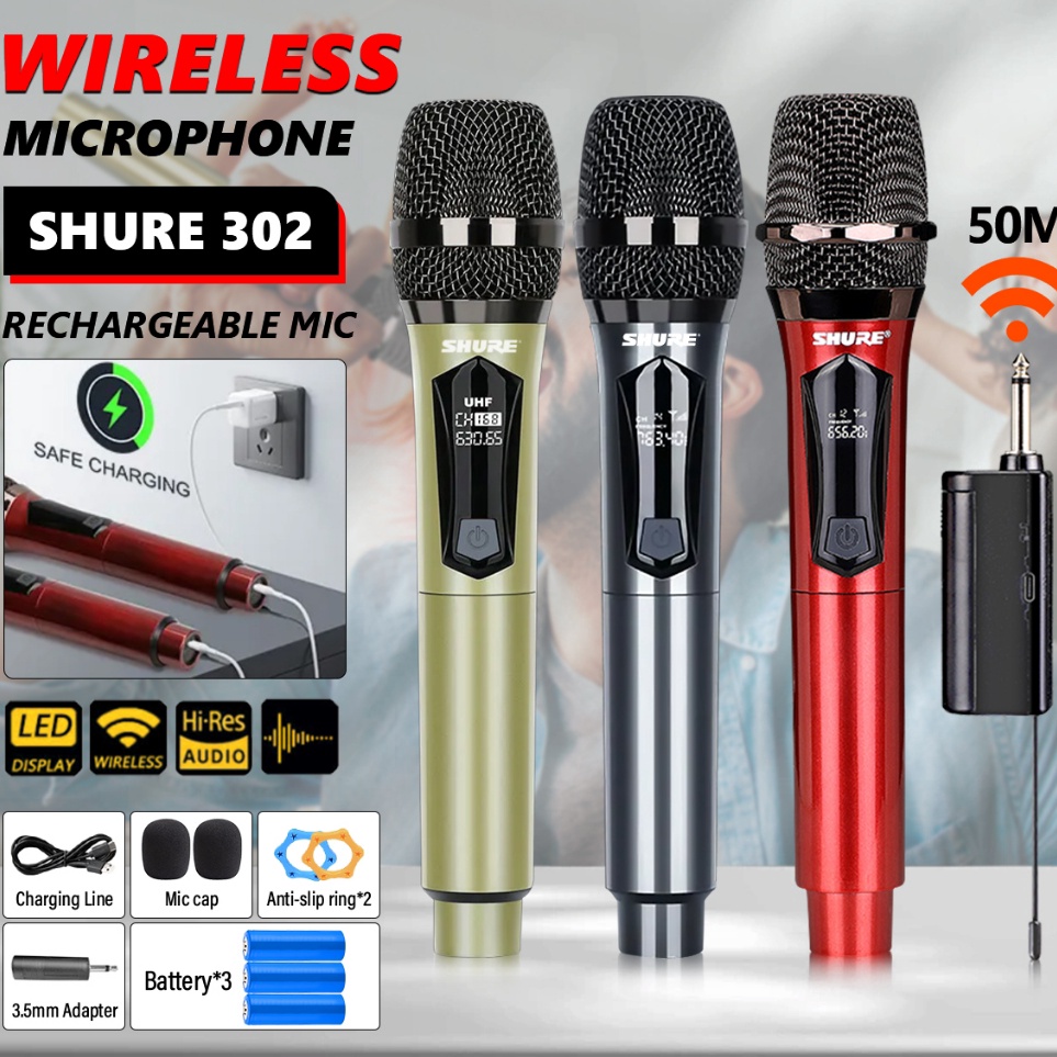 mic karaoke tanpa kabel S32 MIC2 MIC1 UHF Mikrofon Karaoke Genggam LED Digital Ganda Nirkabel v X8C7