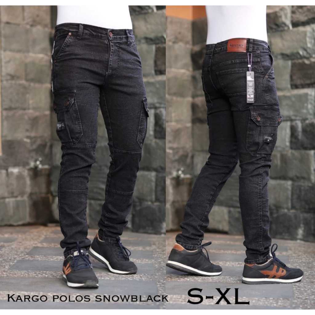 CELANA JEANS CARGO SLIMFIT PANJANG PRIA TERBARU LOGO SAMPING ORIGINAL HANDMADE SNOWBLACK