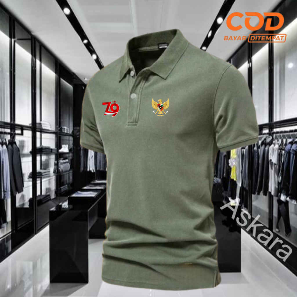 COD T-shrit POLO kerah lengan pendek kemerdekaan-79 Text garuda Kaos Kerah Dewasa Shirt / Kaos Wangk