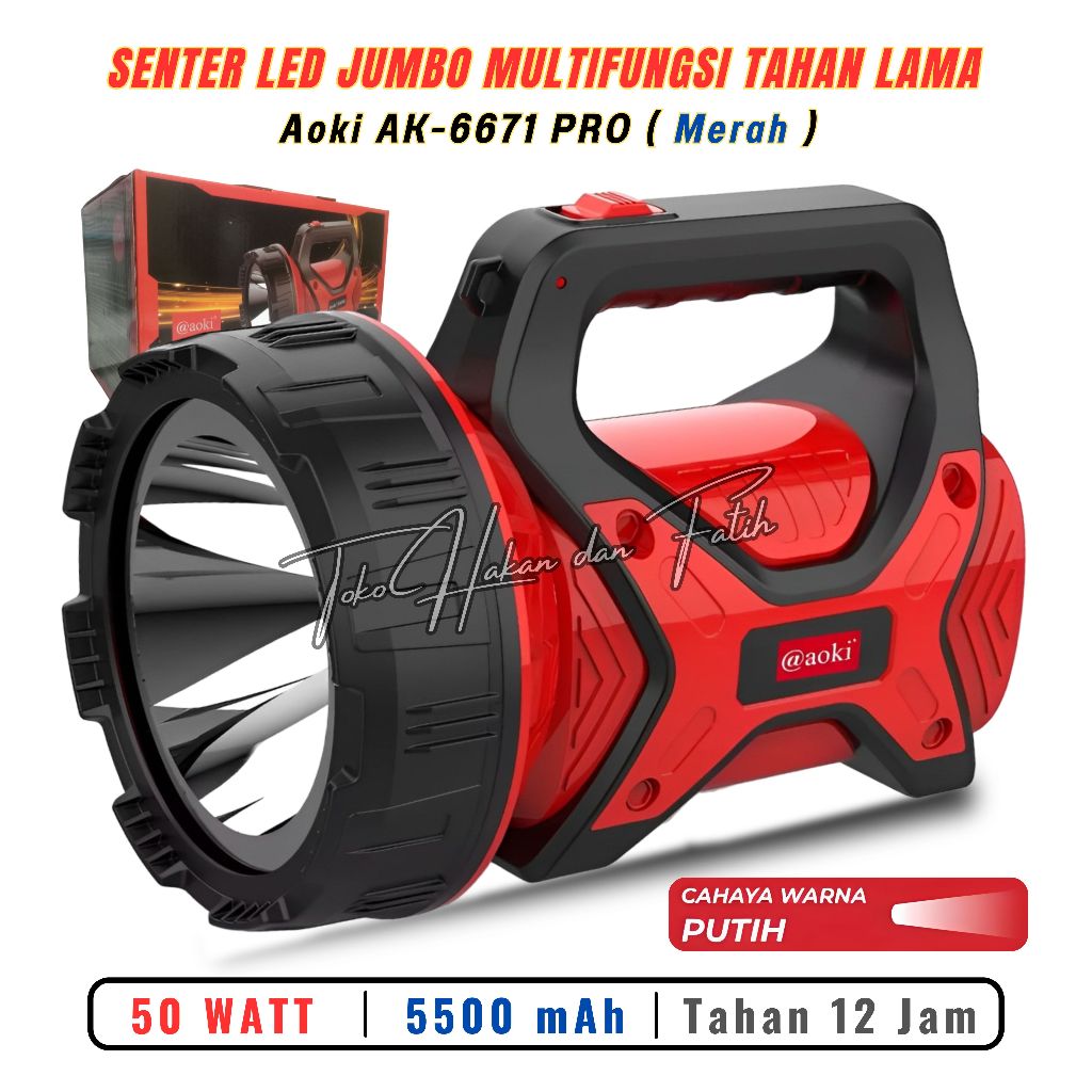 Aoki Premium AK-6671 Senter LED Jumbo 50 Watt Super Terang - Merah