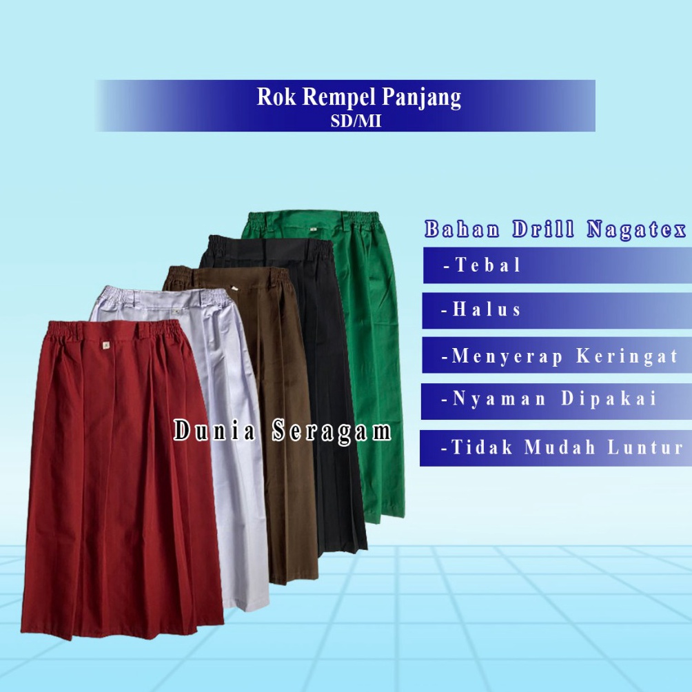 Rok Merah Putih Coklat Hitam Hijau Panjang Anak Perempuan Wanita Rempel Lipit Plisket Bawahan Seraga