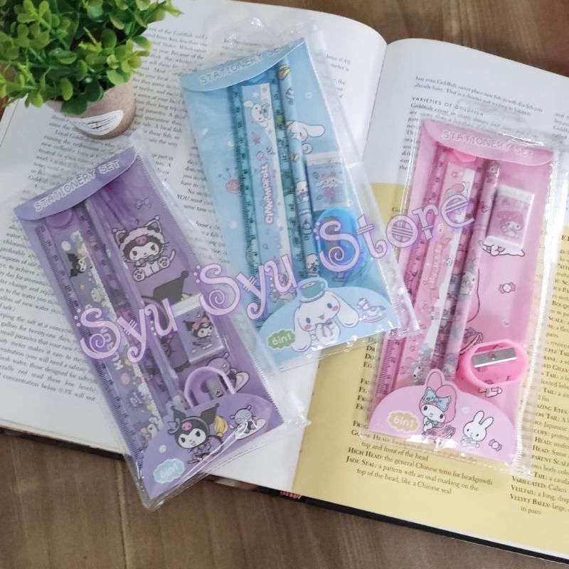 

Set Stationary Stationery POUCH Penggaris Pensil Serutan Kuromi Cinnamoroll My Melody 6 in 1