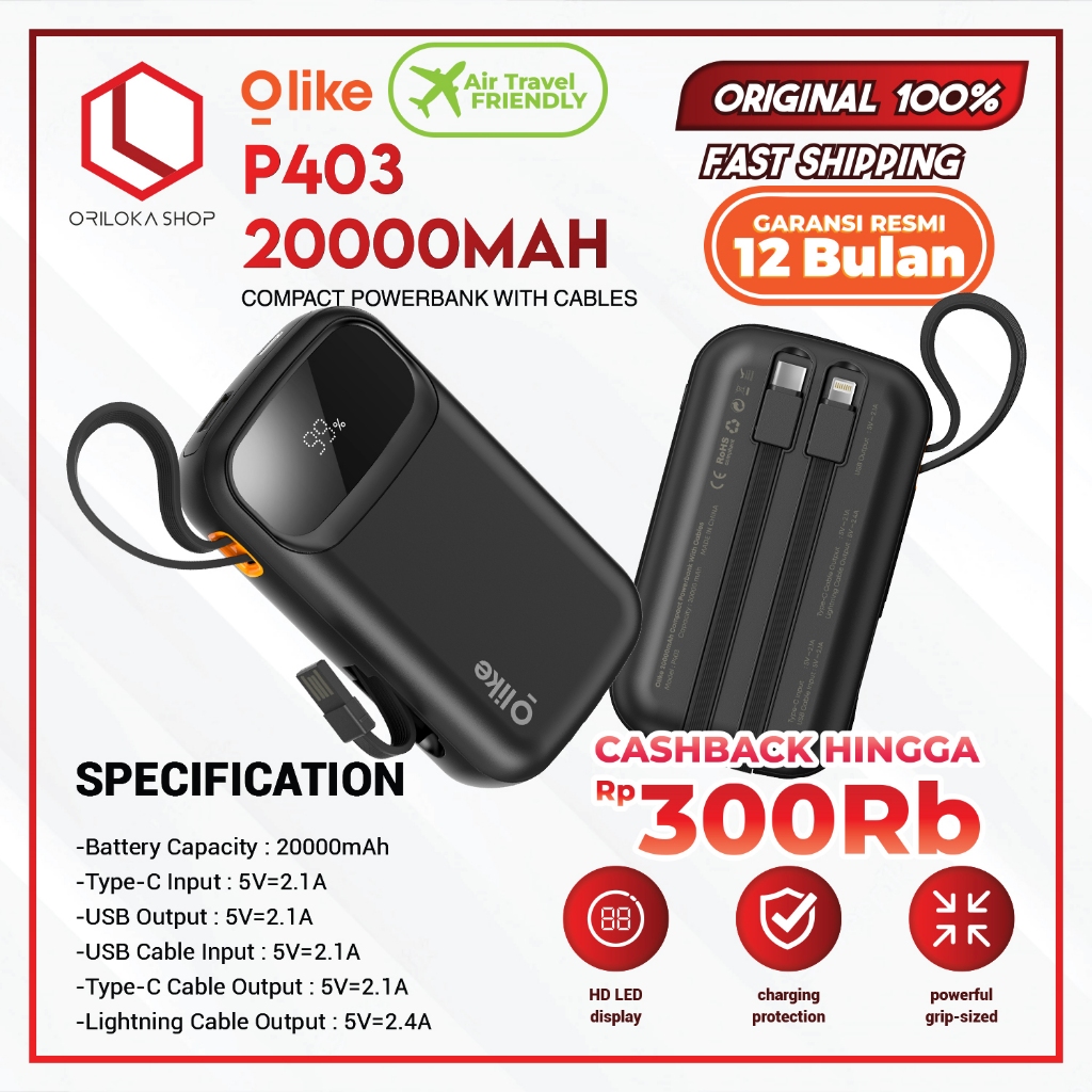 Olike P403 Compact Power bank Powerbank 20000mAh | HD LED Display | 3 Built-in Cable