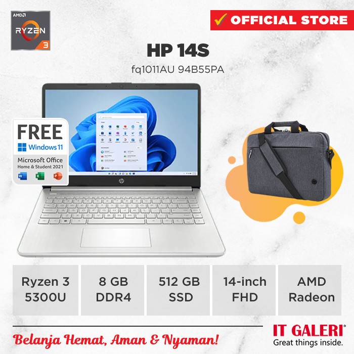 [DISKON 3% s/d 300RB] HP 14S-FQ1011AU R3-5300U/2X4GB/512GB/14.0 FHD/BLK/WIN11+OHS2021/GOLD/94B55PA