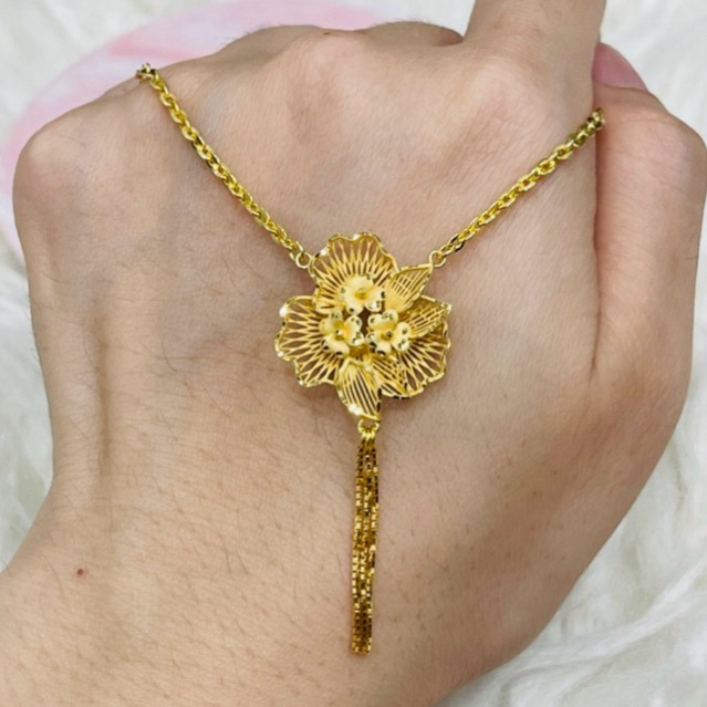 kalung fancy bunga rumbai elegant emas asli kadar 700