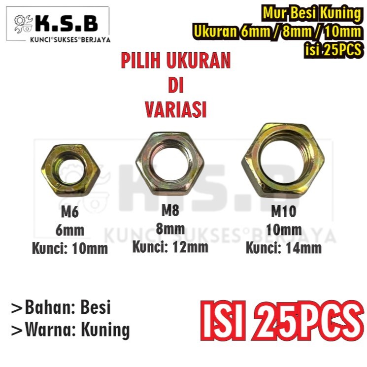 25PCS Mur Besi KUNING Ukuran 6mm / 8mm / 10mm / Mur 10 / Mur 12 / Mur 14