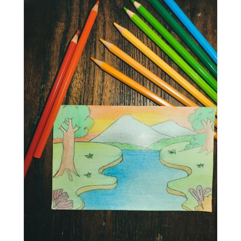 

Gambar Handmade lucu pemandangan indah di kertas gambar dengan pensil warna dan berkualitas bagus
