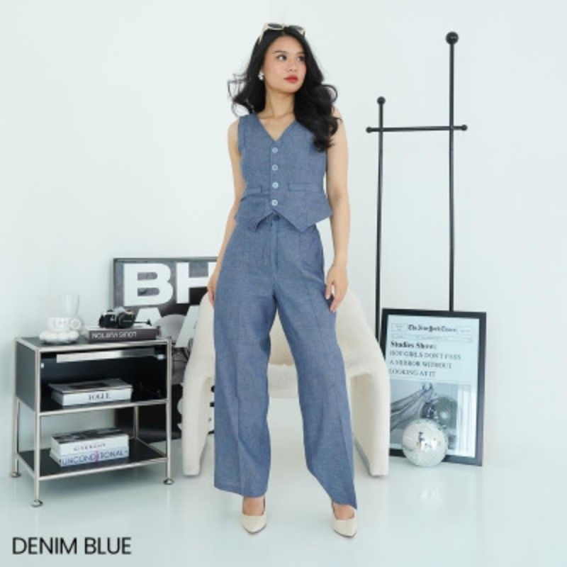 One Set Vest Denim Texi/one set wanita/one set denim/one set v-neck/one set tanpa lengan/one set cel