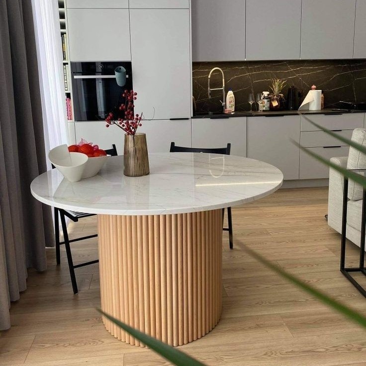 Meja Makan Bundar Kayu Jati Top Marmer, Meja Makan Marmer Bulat Kayu Jati Minimalis Modern