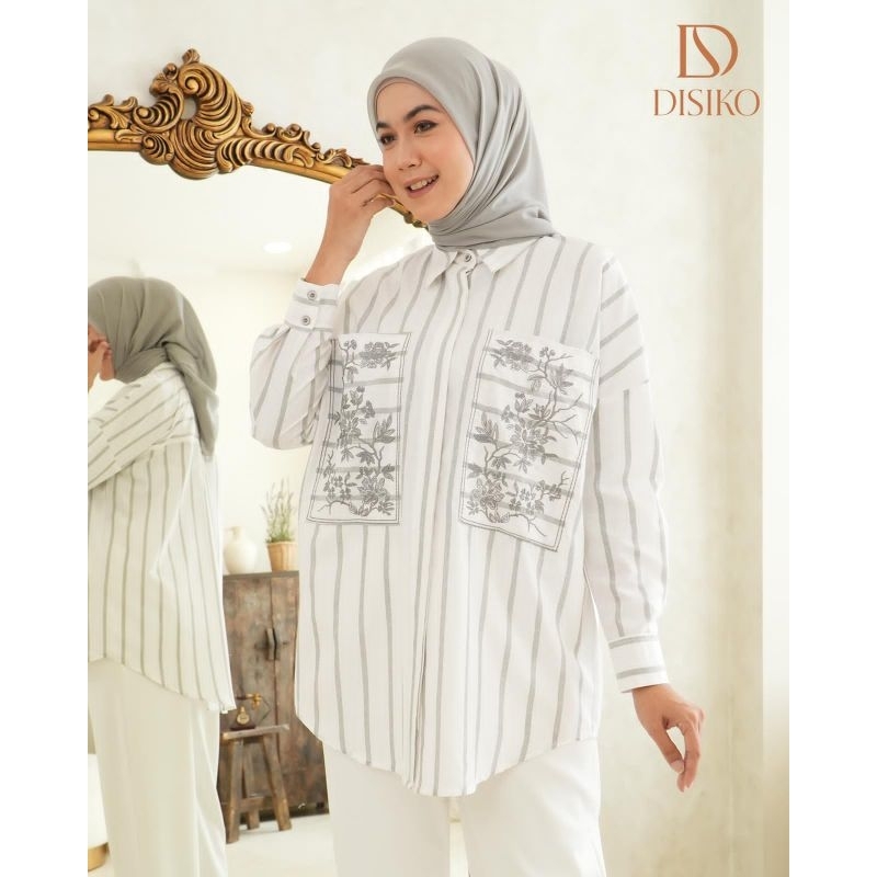 Evelyn shirt ORI by disiko exclusive atasan kemeja blouse cewek motif garis Bahan katun premium Ukur