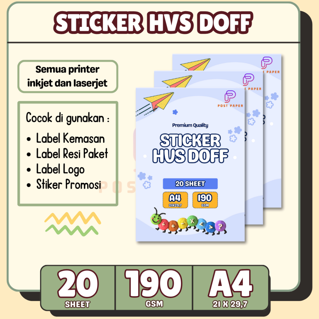 

Kertas stiker hvs A4 doff / matte / tidak kilap isi 20 lembar