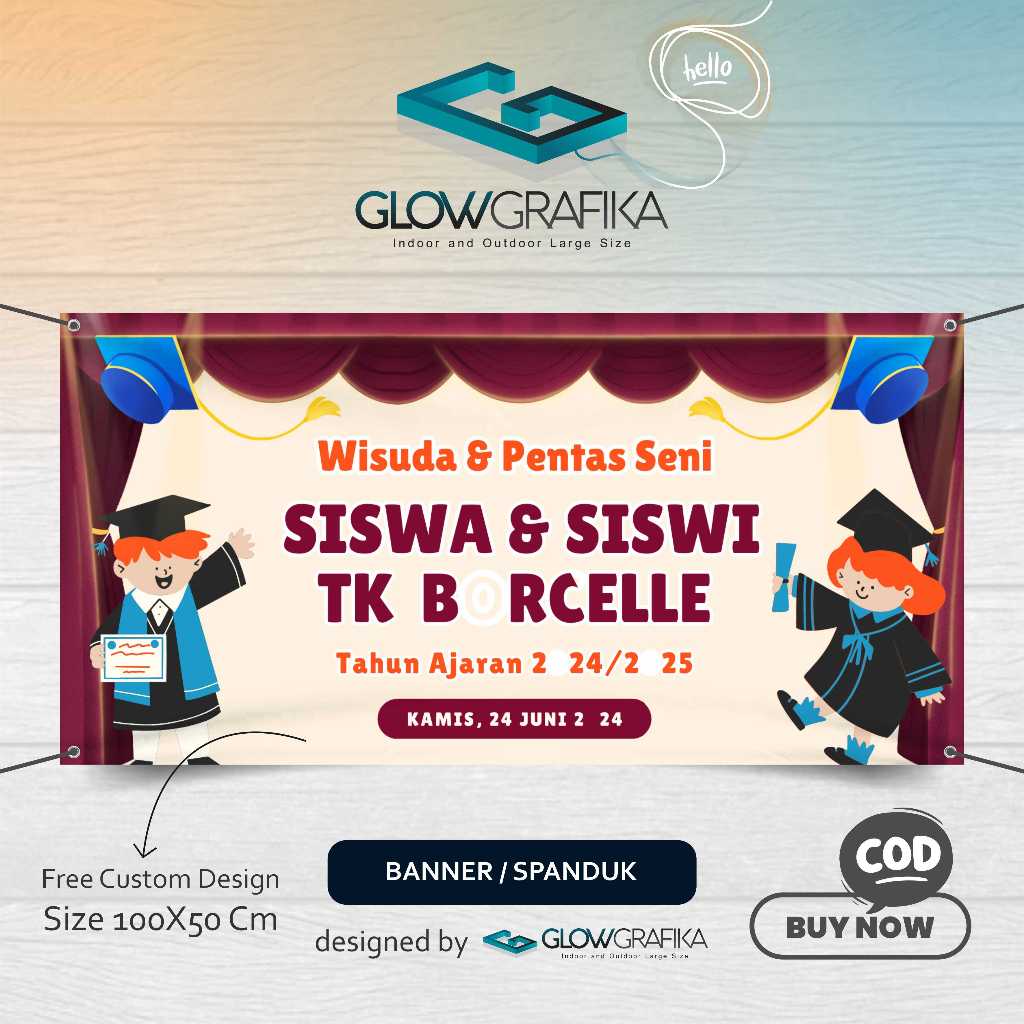 Cetak Spanduk Banner Krem Merah Oranye Ilustrasi Lucu Spanduk Wisuda Sekolah
