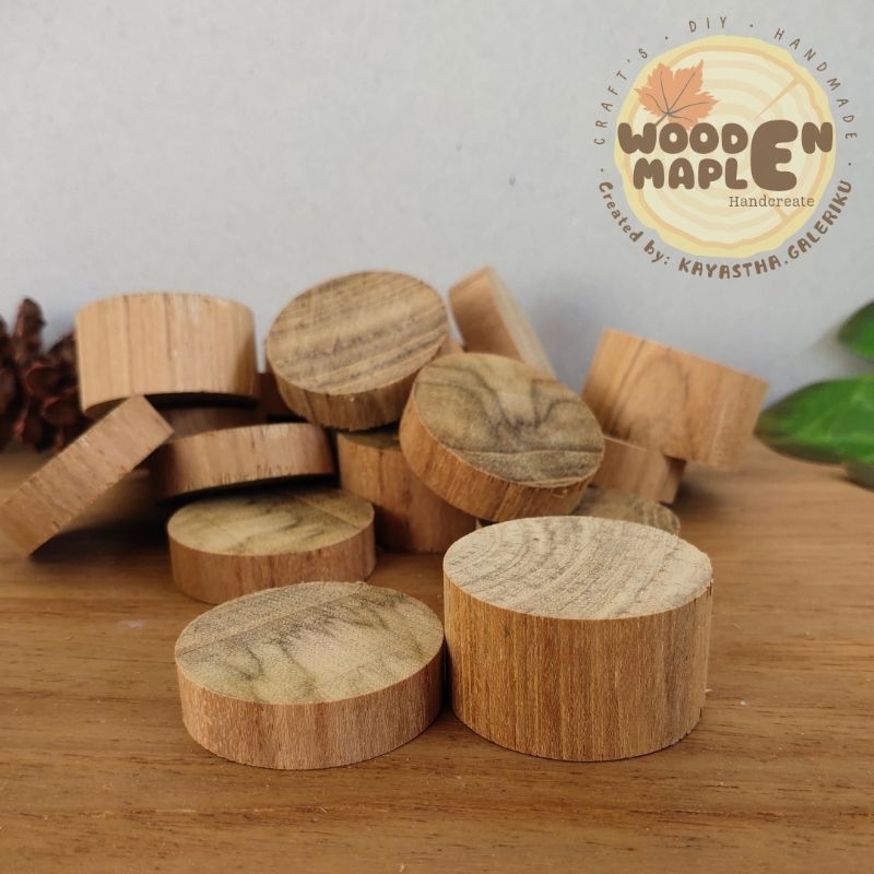 Bahan Craft Bulat Kayu Jati | Wooden Craft | Bahan Gantungan Kunci Kayu