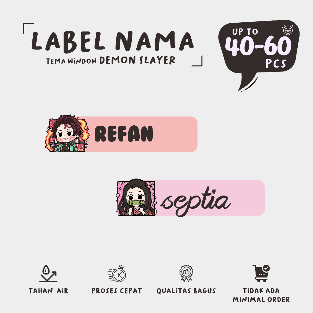 

(40 - 60 pcs) cetak stiker nama murah tema Window Anime DEMON SLAYER /murah/lucu/custom nama stiker label/murah