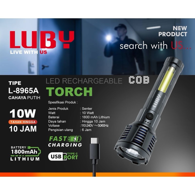 LUBY L-8965A Senter Tangan Led Rechargeable Cahaya Putih - L-8965A 10 Watt Senter LUBY 10W Black Edi