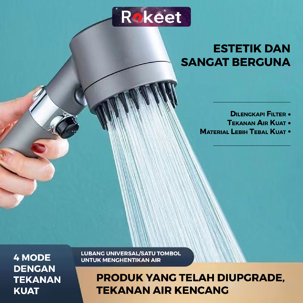 Rokeet Kepala Shower Kamar Mandi Saringan Bawaan Turbo Hand Jet Shower 4 Mode Adjustable With Filter