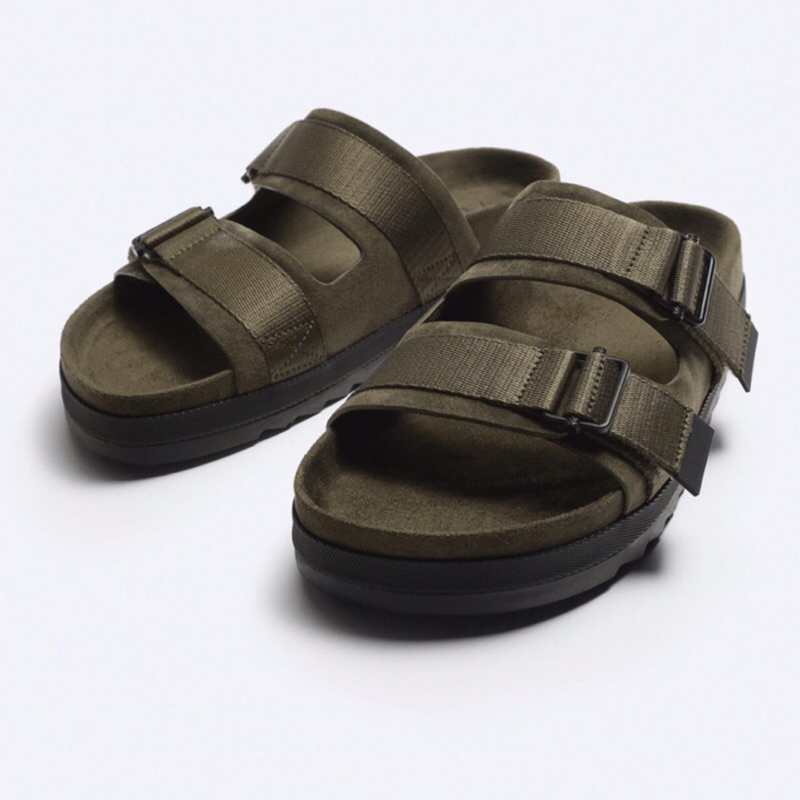 ZARA Men Sandal Double Strap Leather Sendal Pria Green