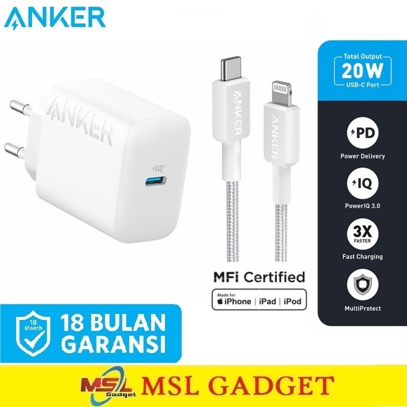 Anker Charger iPhone 20W USB Type C + Kabel C to Lightning MFI PD Fast Charging