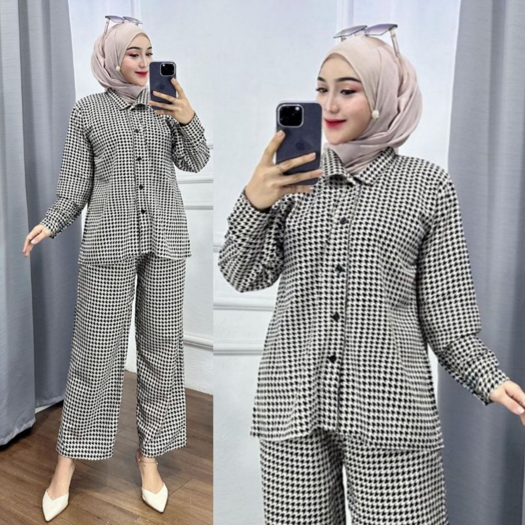 Nadine Set - One Set Wanita Kemejan Rayon Premium Setelan Baju Set Celana Panjang Kekinian LD 110 cm