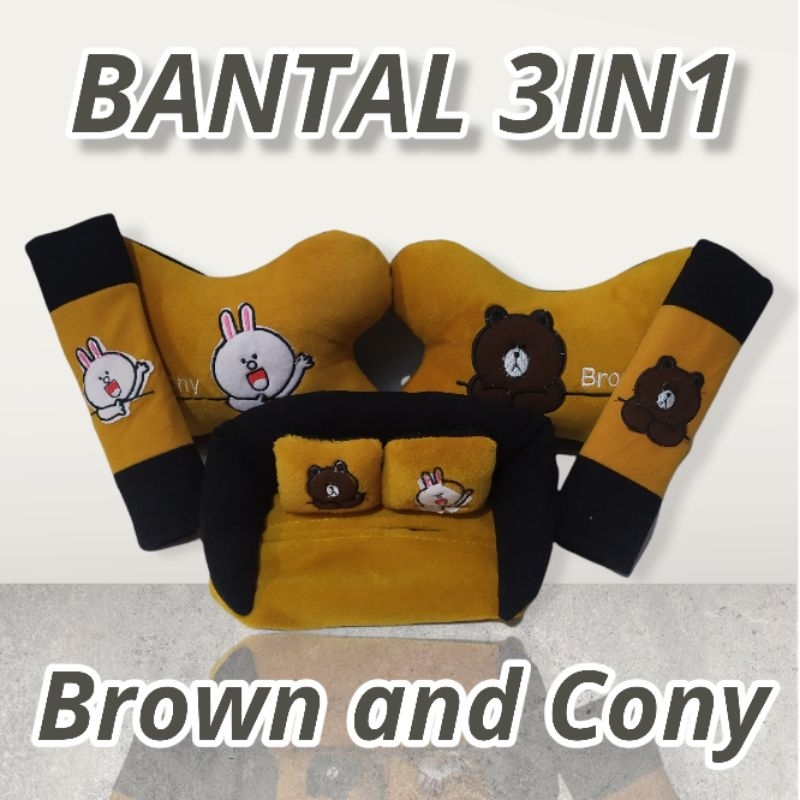 Set 3in1 Bantal Mobil Kelincicony Coklat Beruang Putih Set Karakter Mobil Bantal Headrest Car Set 3i