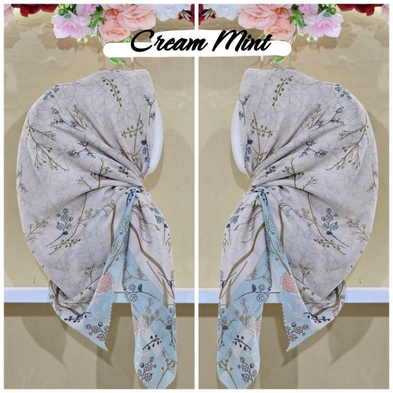 Jilbab Segi Empat Voal Motif Cream Mint Sakura