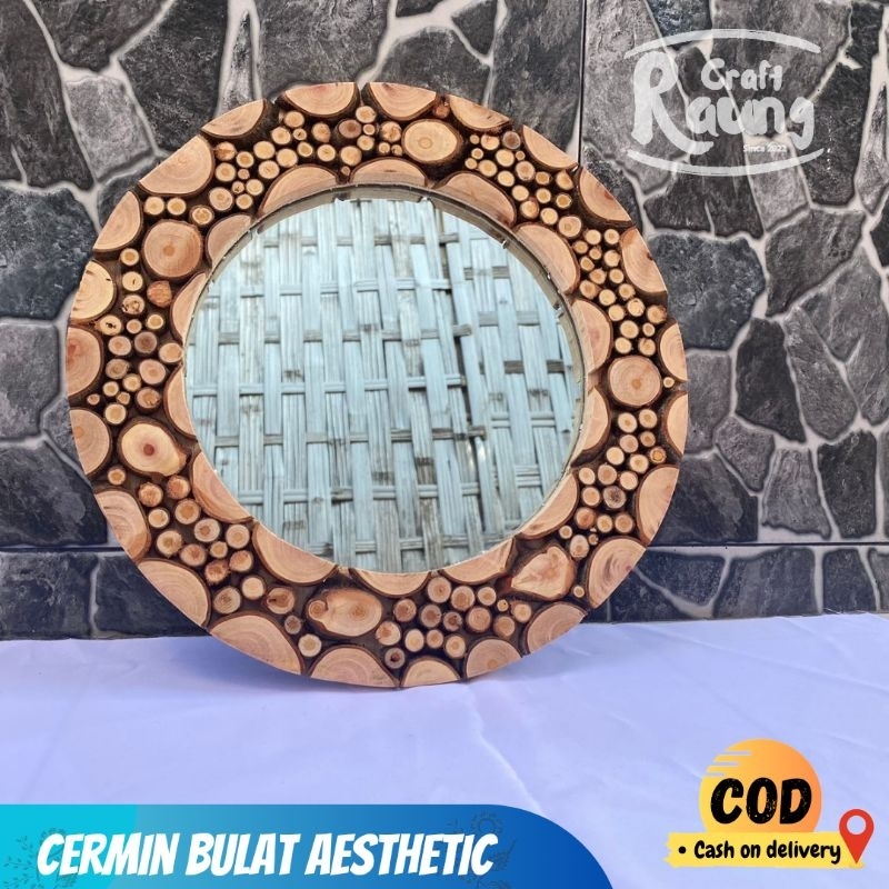 CERMIN DINDING AESTHETIC , CERMIN KAYU BULAT , CERMIN WOOD SLICE , CERMIN DINDING KAYU