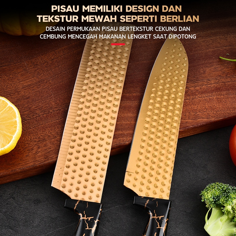BEST SALE TEXANIA Set Pisau Stainless Steel isi 7pcs itanium Warna Gold Peralatan Dapur 7PCS