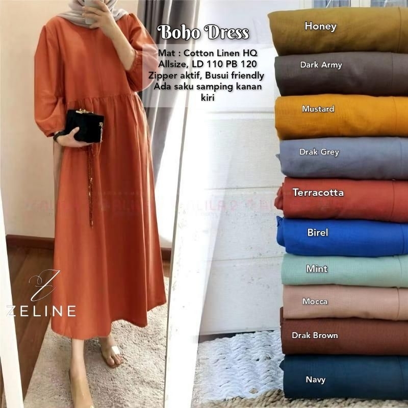 Boho Midi Dress Bahan Cotton Linen By Zeline-Midi Dress Polos Cotton Linen Jumbo LD 110-Midi Dress S