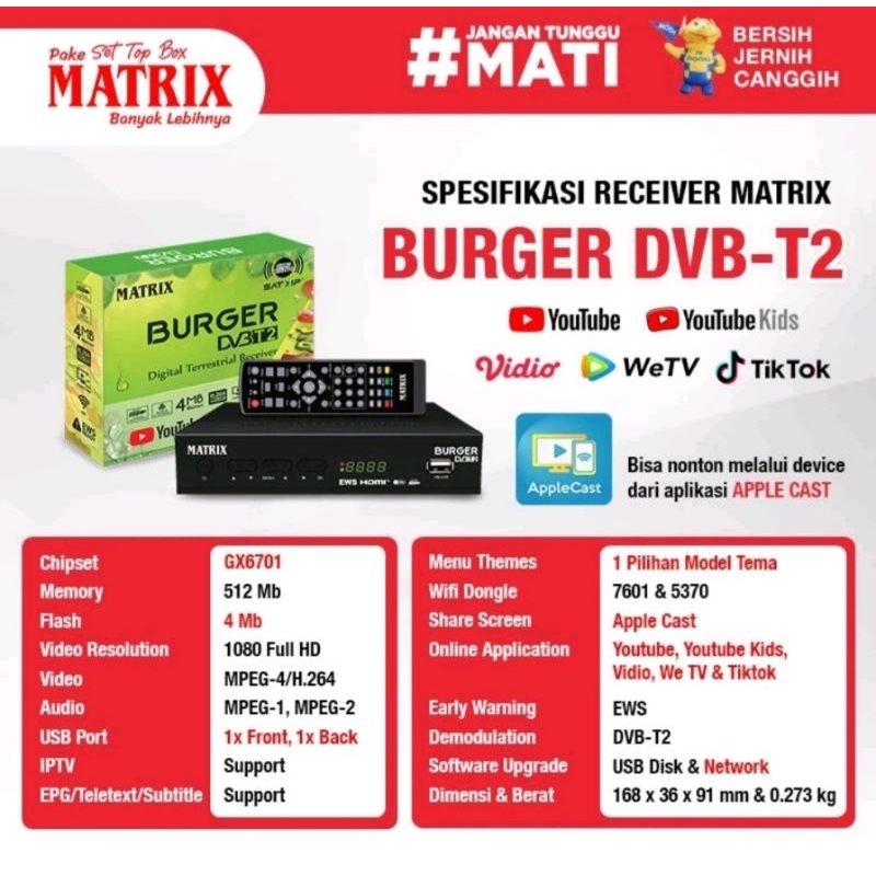 MATRIX STB SET TOP BOX TV BURGER RECEIVER TV DIGITAL