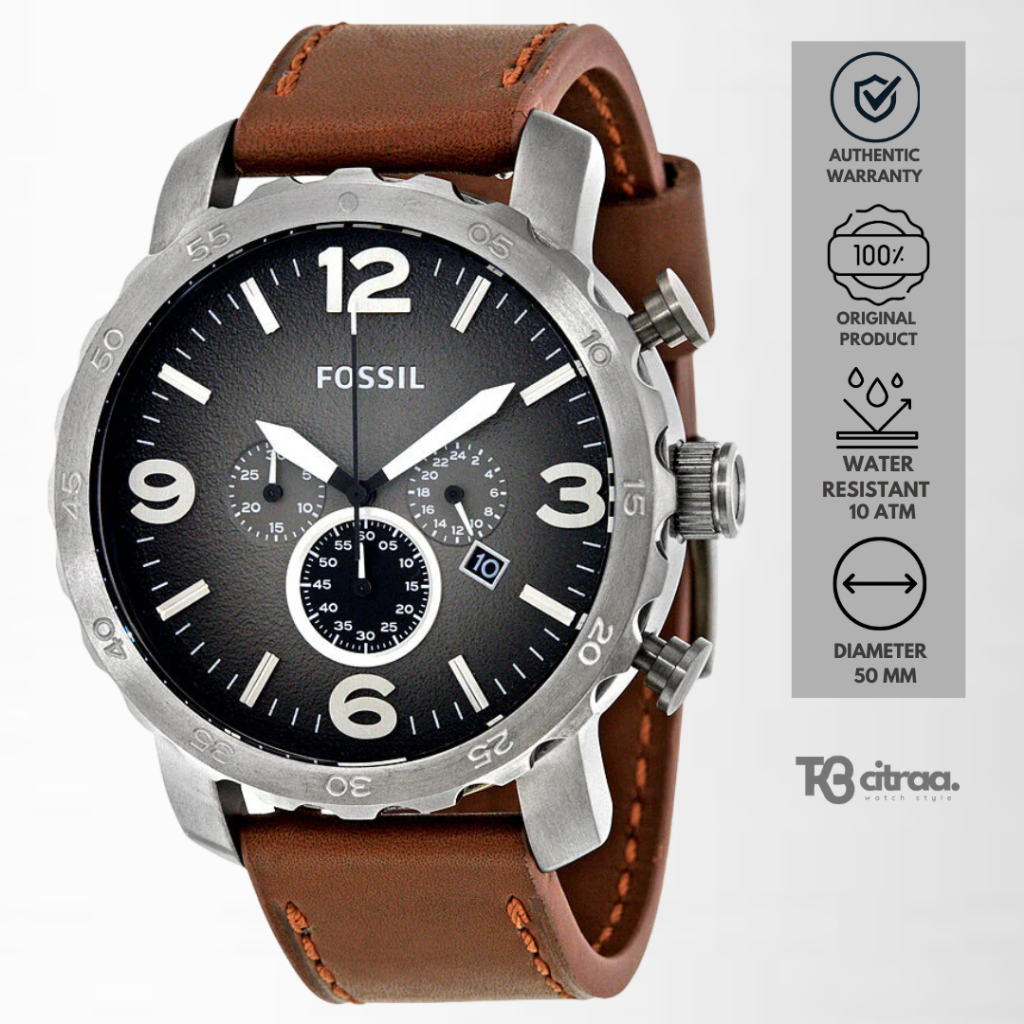 jam tangan fashion pria Fossil men Nate analog strap kulit cowok Chronograph Brown Leather watch wat