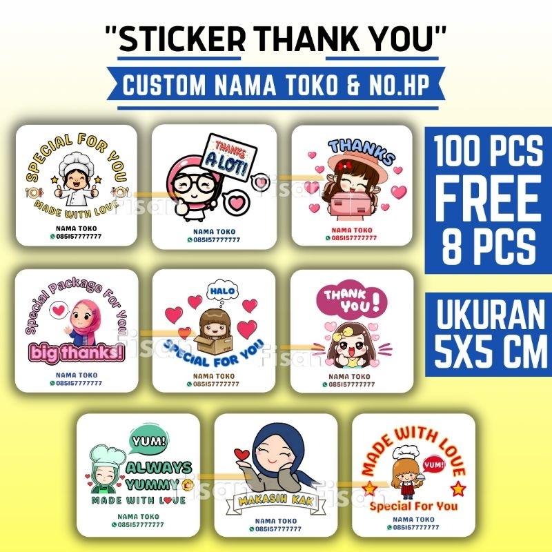 

100 Pcs Free 8 Pcs - CUSTOM Sticker Stiker Thank You Thankyou Kotak 5x5 cm