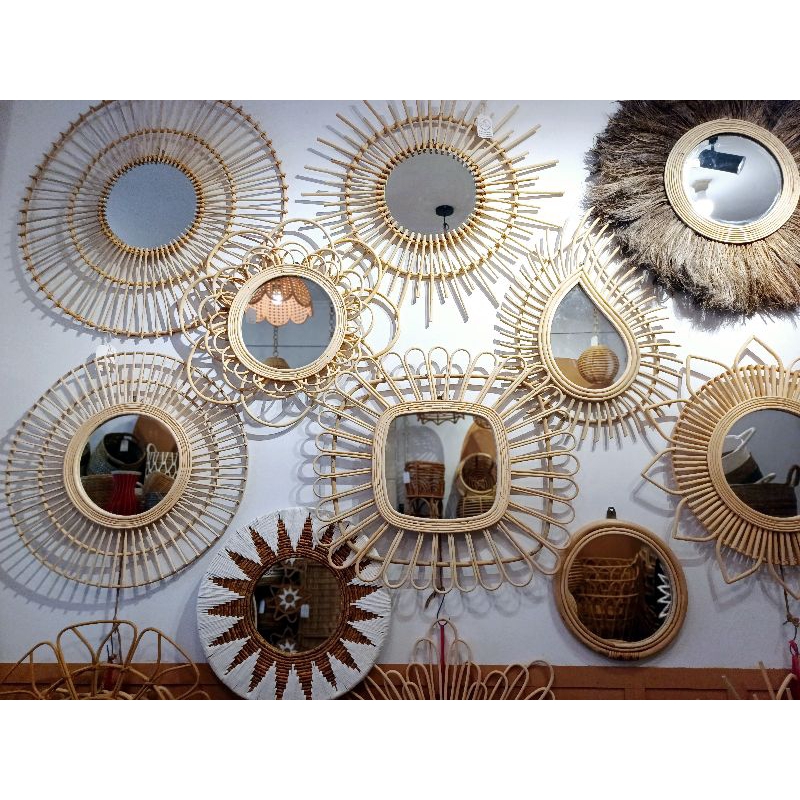 Cermin anyaman cantik/Cermin rotan/Aesthetic Mirror/Cermin hiasan dinding