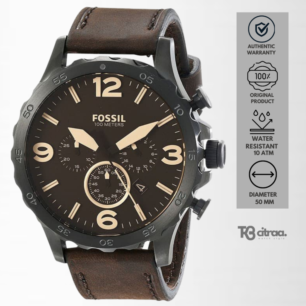 jam tangan fashion pria fossil men Nate analog strap kulit cowok chronograph brown leather water res