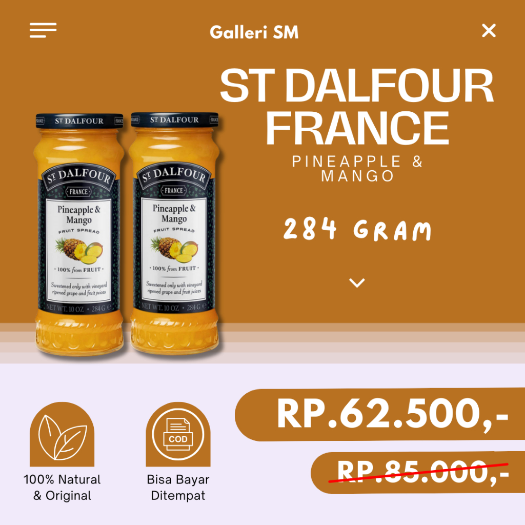 

Selai St Dalfour Pineapple & Mango 284 Gr Fruit Spread St. Dalfour Mangga Dan Nanas Asli Original