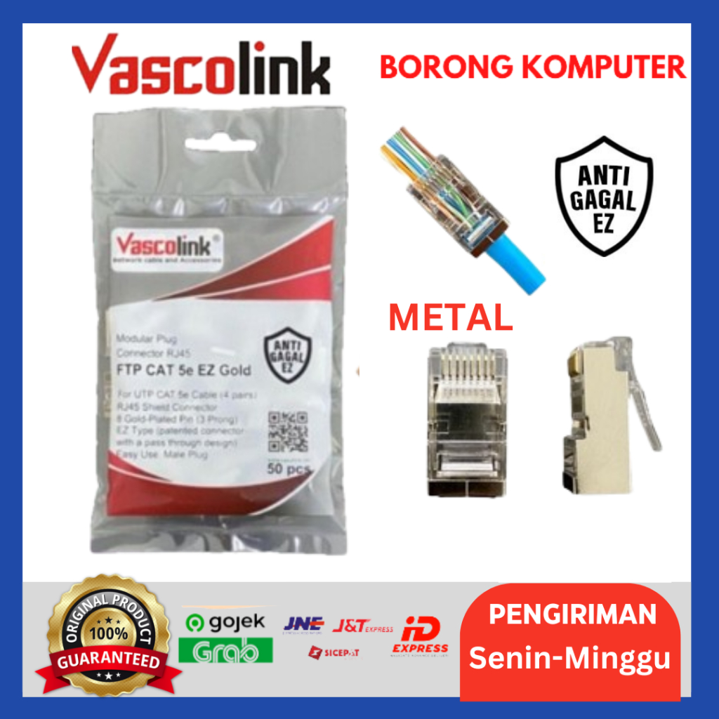 RJ45 STP FTP CAT 5E EZ GOLD ANTI GAGAL Metal Shielded 50pcs VASCOLINK ANTI GAGAL