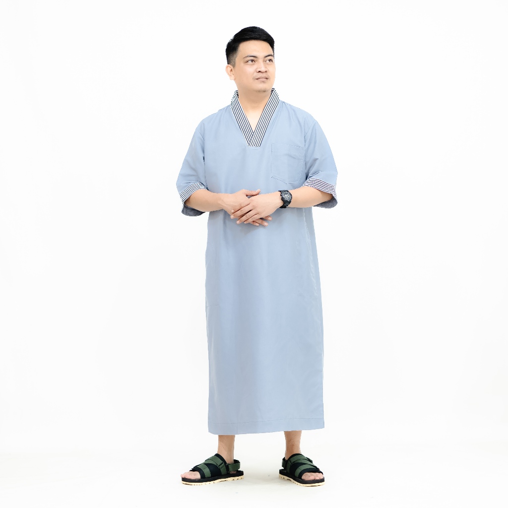 exclusive alzetha big size jubah gamis maroko pria dewasa lengan pendek kerah v motif salur jumbo