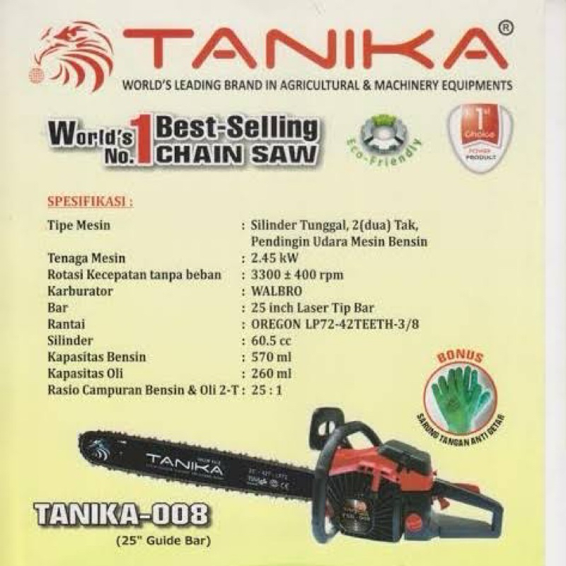 TANIKA GERGAJI MESIN CHAINSAW TNK-008 SINGSO BAR 25INCH ALAT PEMOTONG KAYU TANIKA