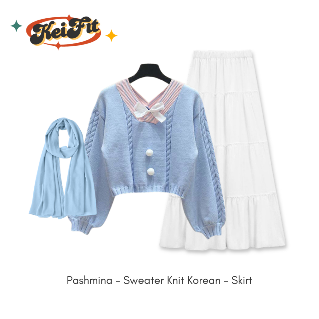Cornflower One Set Outfit Remaja ( Sweater Korean + Rok Susun + Pashmina ) OOTD Hijab Kekinian Kece