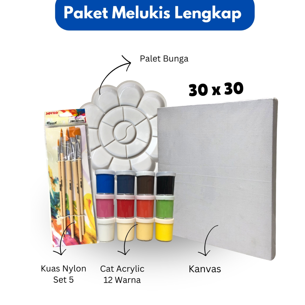 

Paket Melukis Lengkap Set Lukis PerlengkapanSet 4 in 1 Set Kanvas 30 x 30 cm Kuas Palet & Cat Acrylic isi Lebih banyak 12 ML- Set ART ASIA