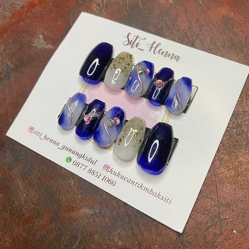 Blossom Navy Fake Nail art/Kuku Palsu wedding Tunangan Wisuda Bridesmaid murah
