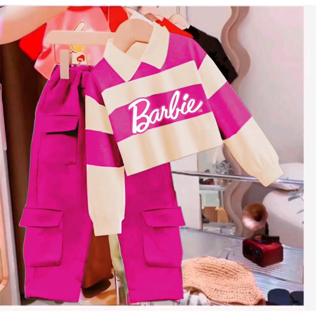 setelan anak cewek terbaru model kerah crop top barbie cargo stripe 1-12 thn