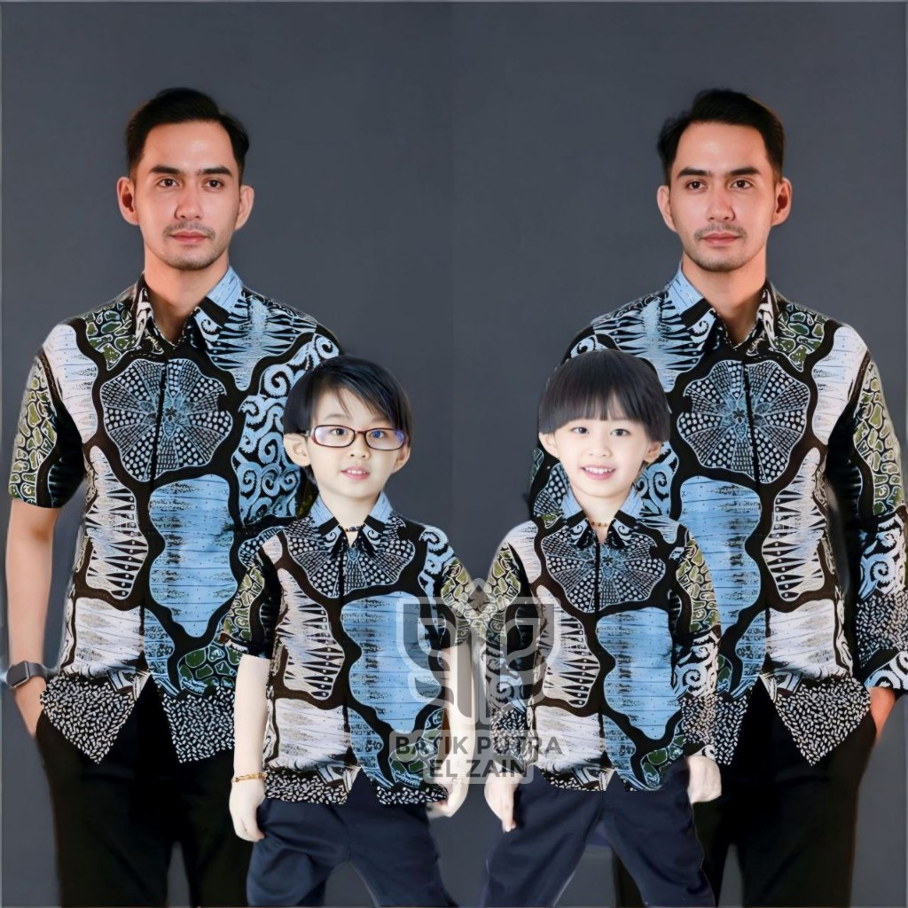 Kemeja Batik Anak Laki-Laki Lengan Panjang Batik Ayah dan Anak Cowok warna Biru Muda Denim